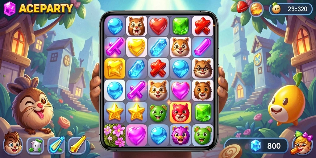 Screenshot menampilkan gameplay menantang di ACEPARTY Match-3.