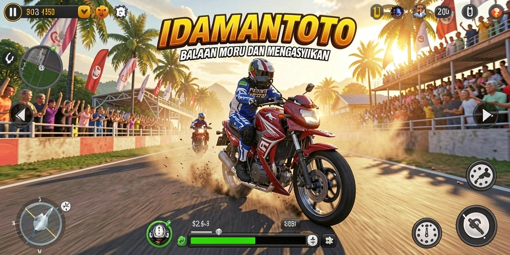 Screenshot gameplay IDAMANTOTO menampilkan balapan motor yang mendebarkan.