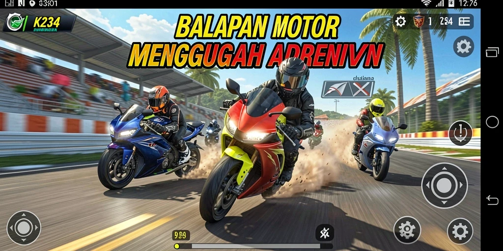 Gameplay seru K234 dengan berbagai lintasan dan motor menarik.