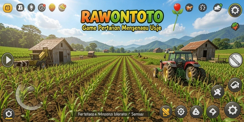 Tampilan gameplay RAWONTOTO yang menarik dengan lahan pertanian yang berkembang.